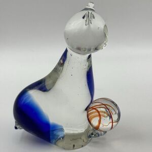 Art Glass Cat Figurine Paperweight Clear w/ Cobalt Blue with Orange Ball of Yarn